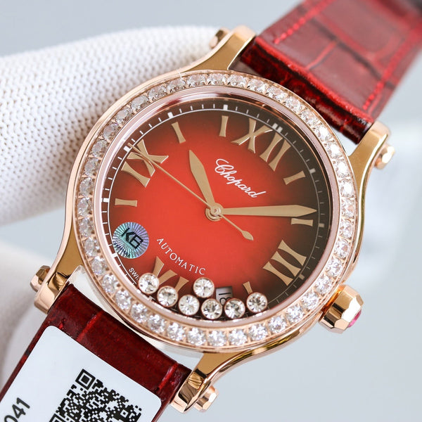 HAPPY SPORT 36MM ROSE GOLD DIAMOND BEZEL RED DIAL