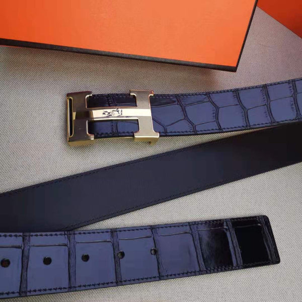 H BELT STEEL BUCKLE CROCODILE-PATTERNED BLACK LEATHER 40MM