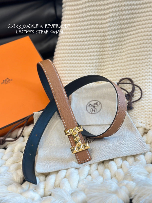 H QUIZZ PARTY BELT 24MM GOLD BUCKLE & REVERSIBLE BROWN AND BLACK LEATHER