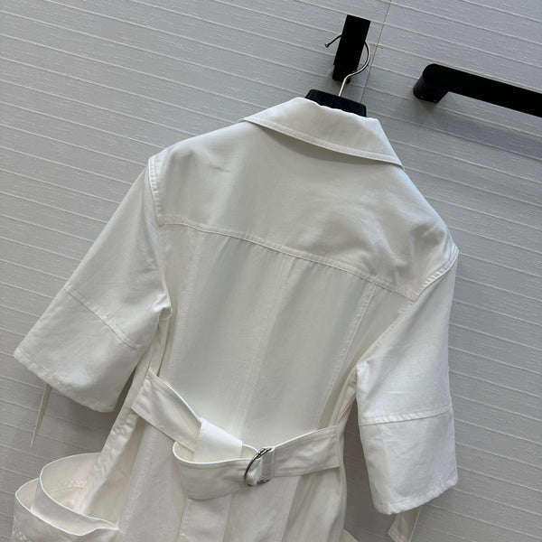 BV V-neck Rolled-Up Sleeve Dress in White Tencel
