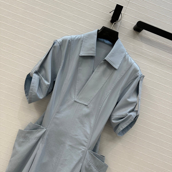 BV V-neck Rolled-Up Sleeve Dress in Light Blue Tencel