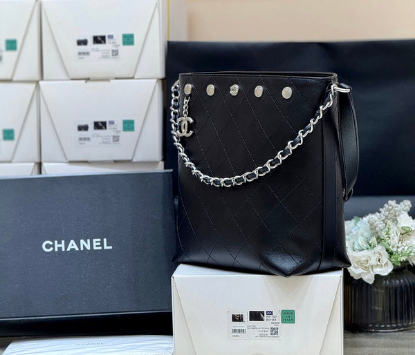 CC 25P Rivet Bucket Bag Silver Hardware in Black Polished Lambskin