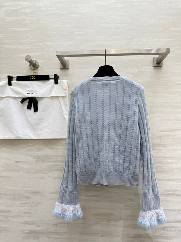 CC 25B Round Neck Single-breasted Furry Sleeve Cardigan Light Blue Cashmere