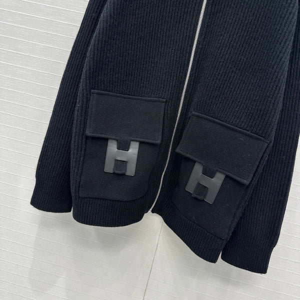 HM 25S Zipped Jacket H Leather Pockets in Black Cashmere 305011