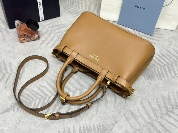Pra 1BA418 Small Shopping Double Bag 28cm Brown Cowhide 267514