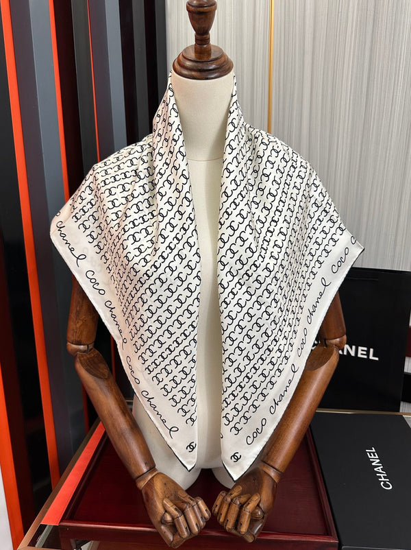 CC Square 90cm Double C White Silk Scarf 828790