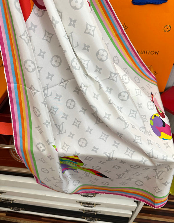 LV Double-Sided Square Scarf 90cm White Silk 839686