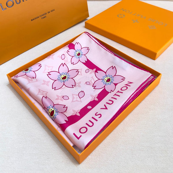 LV x TM MONOGRAM CHERRY BLOSSOM DOUBLE-SIDED PINK SILK SCARF 839488