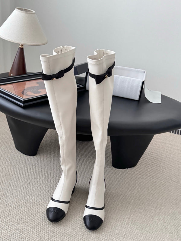 CC 25 Bowknot Stretch Boots White Sheepskin