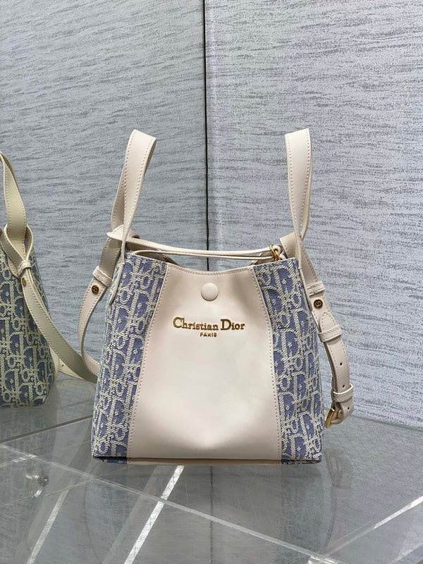 CD bucket bag 21cm natural canvas with creamy white calfskin