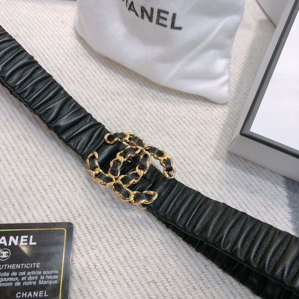 CC Rhinestone Logo Buckle 30mm Elastic Black Lamskin Belt 614238