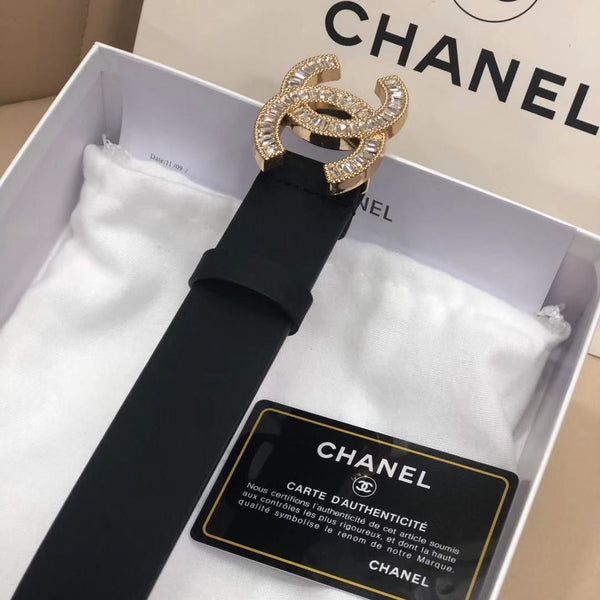 CC Classic Clasp Black Gold Buckle Calfskin Belt 614065
