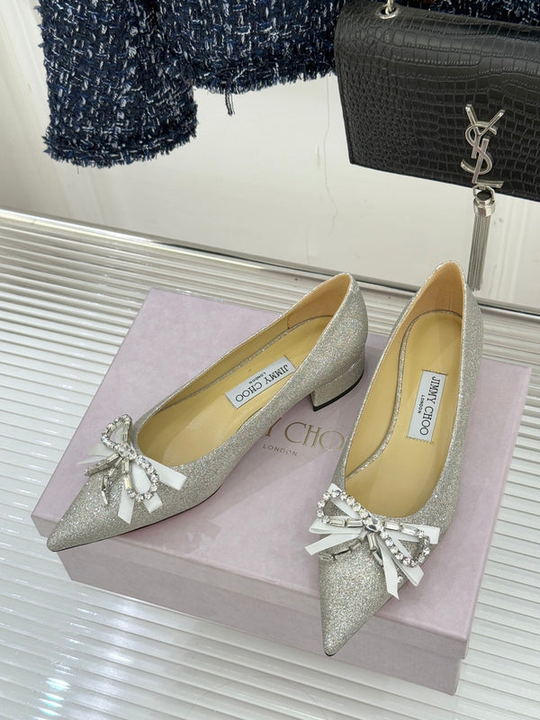 Jimmy Choo 26WF Pointed Toe Rhinestone Bow Chunky Heel Silver Sheepskin 573543