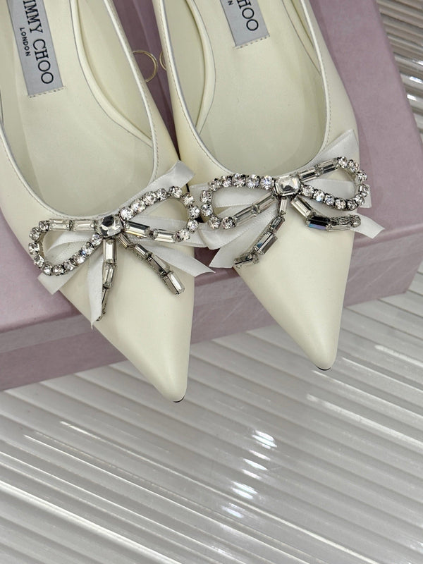 Jimmy Choo 26WF Pointed Toe Rhinestone Bow Chunky Heel White Sheepskin 573542