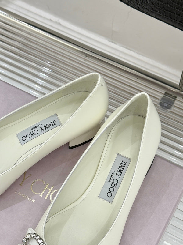 Jimmy Choo 26WF Pointed Toe Rhinestone Bow Chunky Heel White Sheepskin 573542