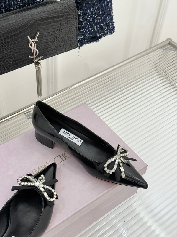 Jimmy Choo 26WF Pointed Toe Rhinestone Bow Chunky Heel Black in Sheepskin 573540