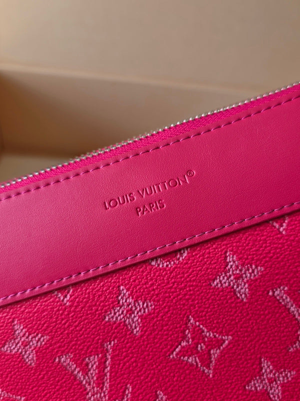 LV Pochette Voyaye Souple Clutch Bag Rose Red Monogram Eclipse Canvas 275169