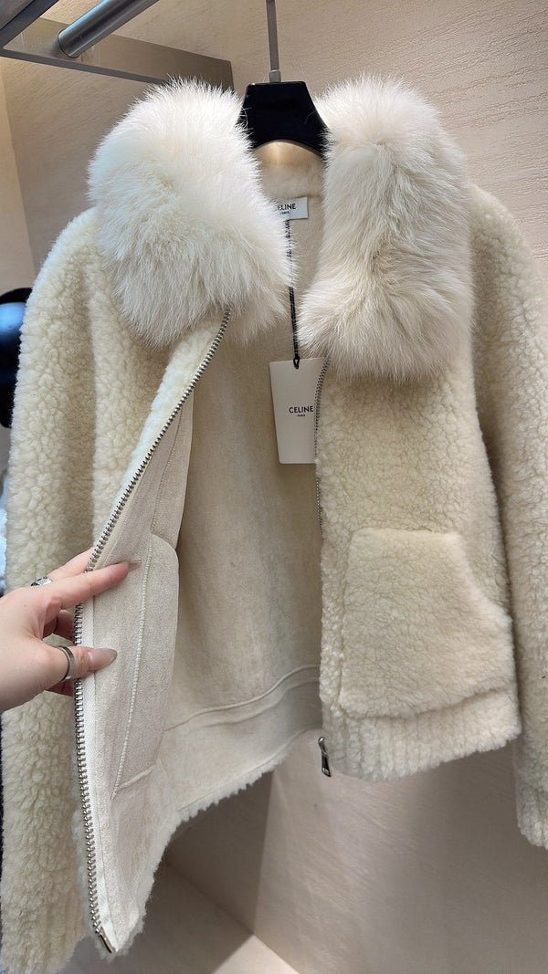 CELINE Shearling White Coat 333253