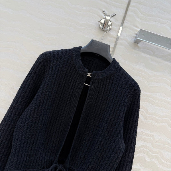 Chanel 26c Rhinestone Buckle Belt Cardigan Black Wool 333722