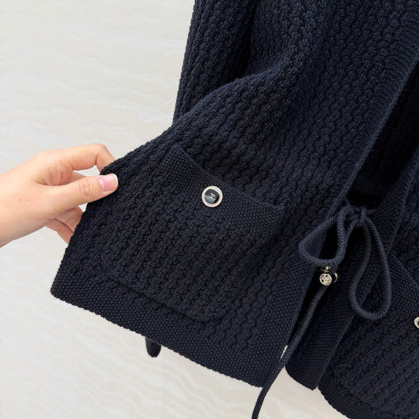 Chanel 26c Rhinestone Buckle Belt Cardigan Black Wool 333722