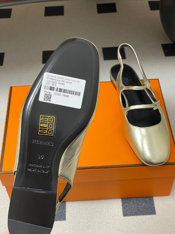 Hermes 26S Mila Open-Heel Sandals Gold in Calfskin 594343
