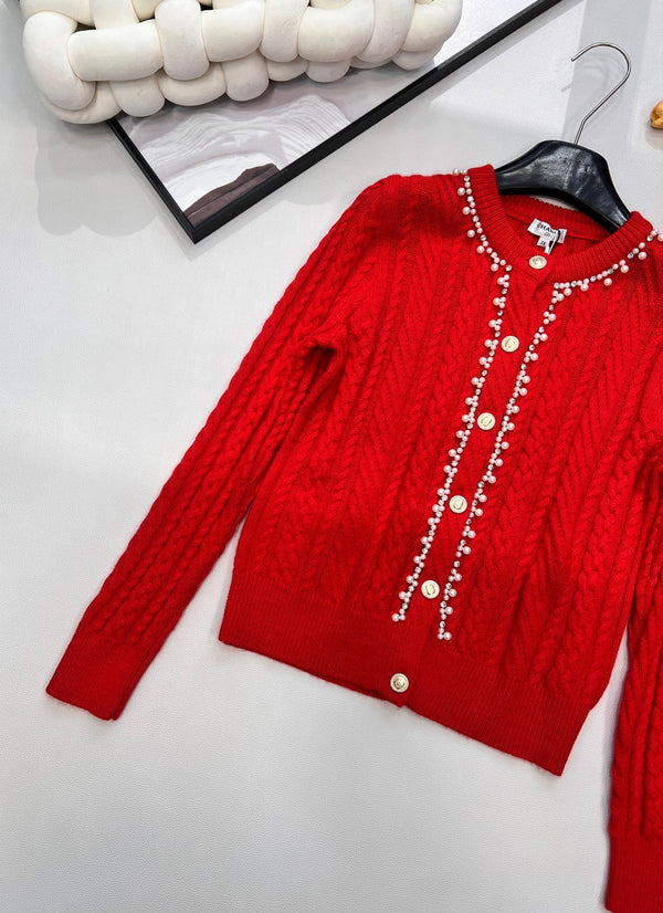 Chanel Cable Knit Crew Neck Cardigan Red in Wool 799524