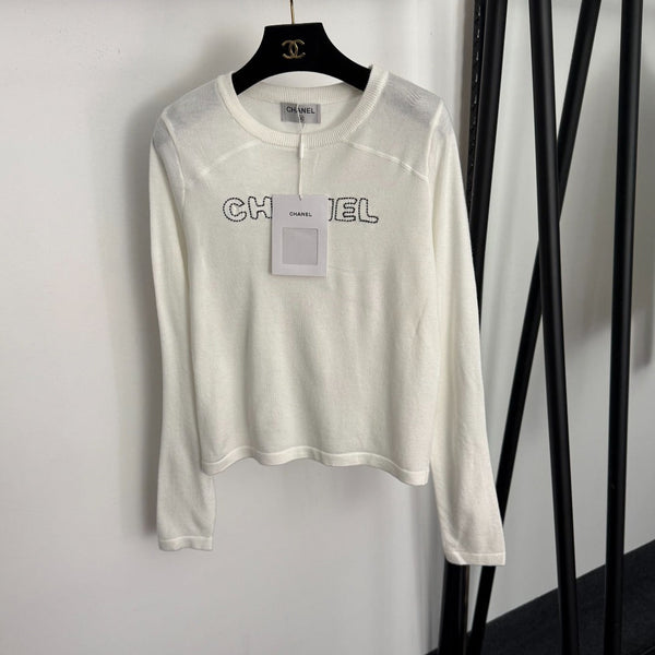 Chanel Long-Sleeved Knit T-Shirt with Embroidered Chanel Logo