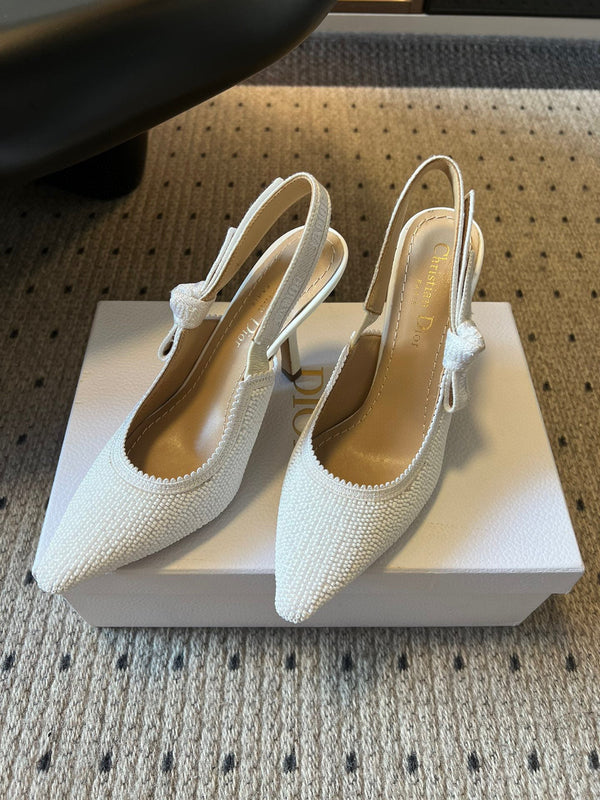 CD J'Adior Slingback heels 95 White in Cotton with Metallic Thread Embroidery 598135