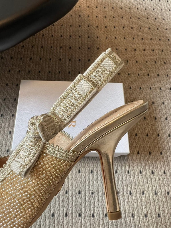 CD J'Adior Slingback heels 95 Beige in Cotton with Metallic Thread Embroidery 598131