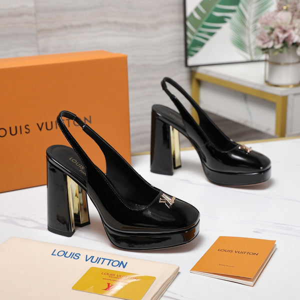 LV 26ss Chunky Heel Platform Slingback 11cm Black in Patent Leather 600737