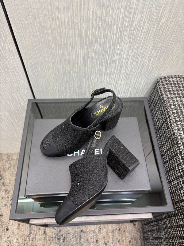 Chanel 26 Classic Chunky Heel Open Back Sandal 95 Black in Tweed Fabric 602499