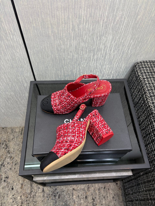 Chanel 26 Classic Chunky Heel Open Back Sandal 95 Red in Tweed Fabric 602498