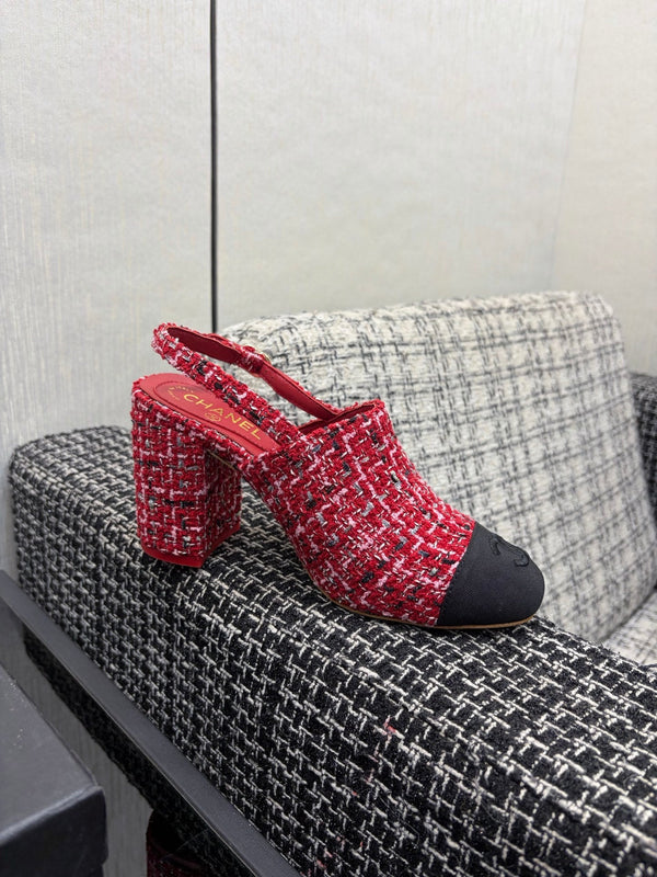 Chanel 26 Classic Chunky Heel Open Back Sandal 95 Red in Tweed Fabric 602498