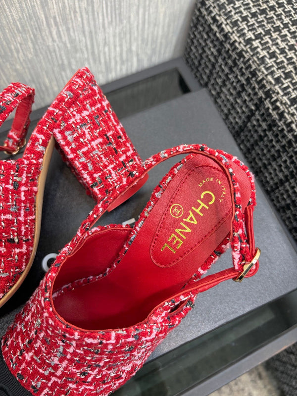 Chanel 26 Classic Chunky Heel Open Back Sandal 95 Red in Tweed Fabric 602498