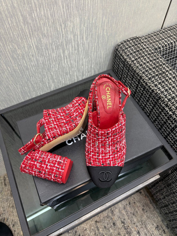 Chanel 26 Classic Chunky Heel Open Back Sandal 95 Red in Tweed Fabric 602498