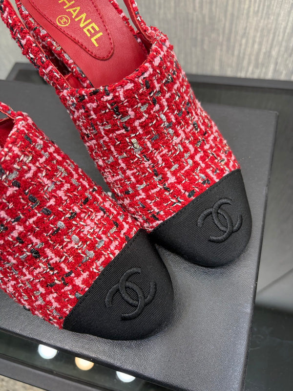 Chanel 26 Classic Chunky Heel Open Back Sandal 95 Red in Tweed Fabric 602498