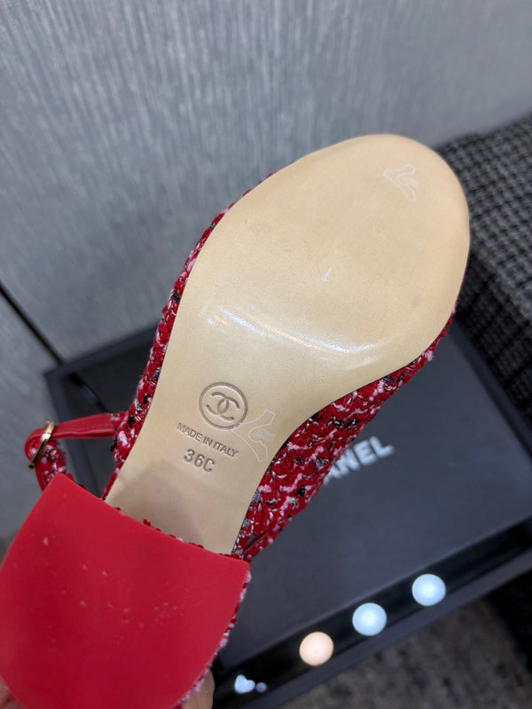 Chanel 26 Classic Chunky Heel Open Back Sandal 95 Red in Tweed Fabric 602498