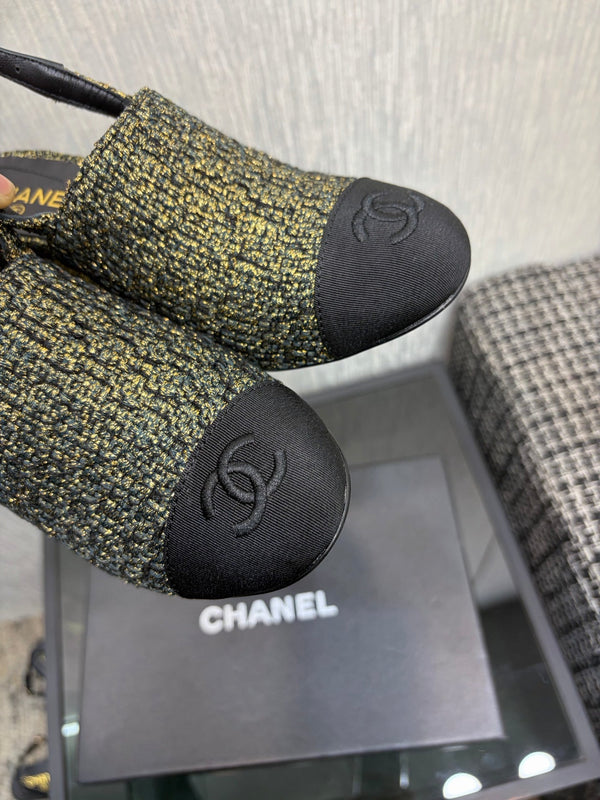 Chanel 26 Classic Chunky Heel Open Back Sandal 95 Olive Green in Tweed Fabric 602496