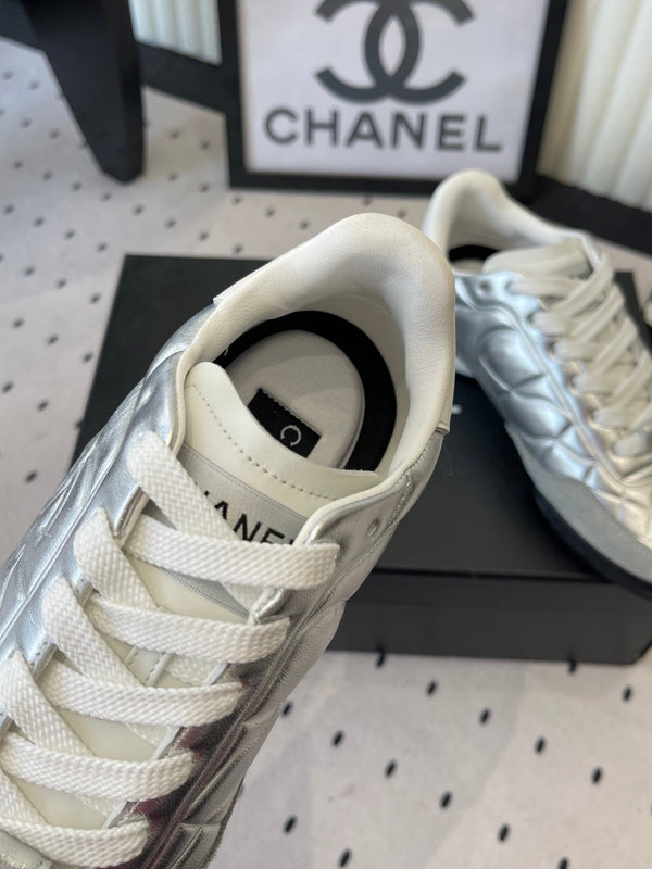 Chanel Coco Baseball Shoes Metallic Silver in Cowhide 611671