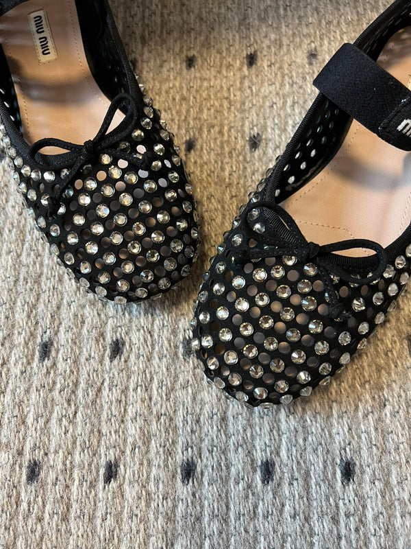 Miu Miu 26SS Ballet Flats Diamond-encrusted Black in Calfskin 614697