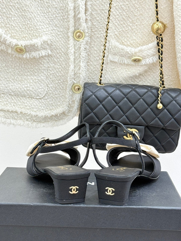 Chanel 26C Chain Bow Chunky Heel Sandals Black White in Cowhide 615986
