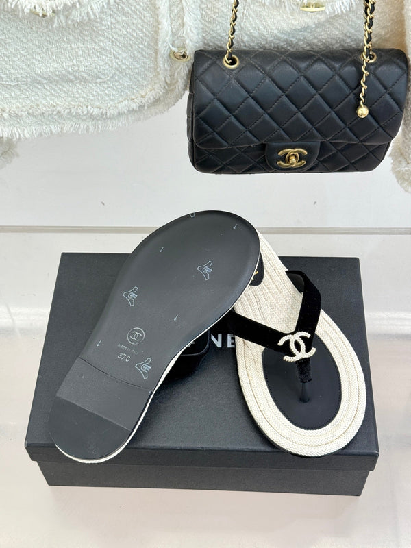Chanel 26C Hemp Rope Sole Double C Flip-Flops Black in Sheepskin 615960