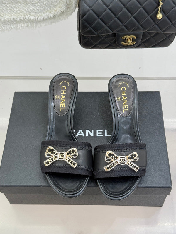 Chanel Classic Rhinestone Double C Bow Kitten Heel Slippers Black in Sheepskin 615820