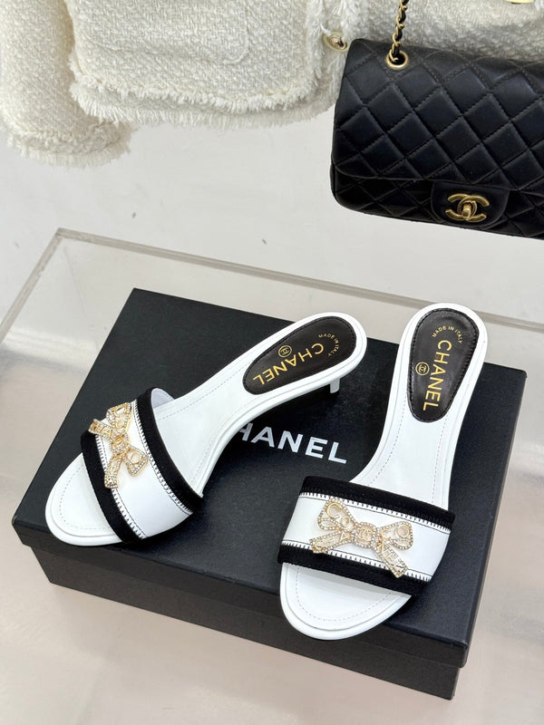 Chanel Classic Rhinestone Double C Bow Kitten Heel Slippers White in Sheepskin 615819