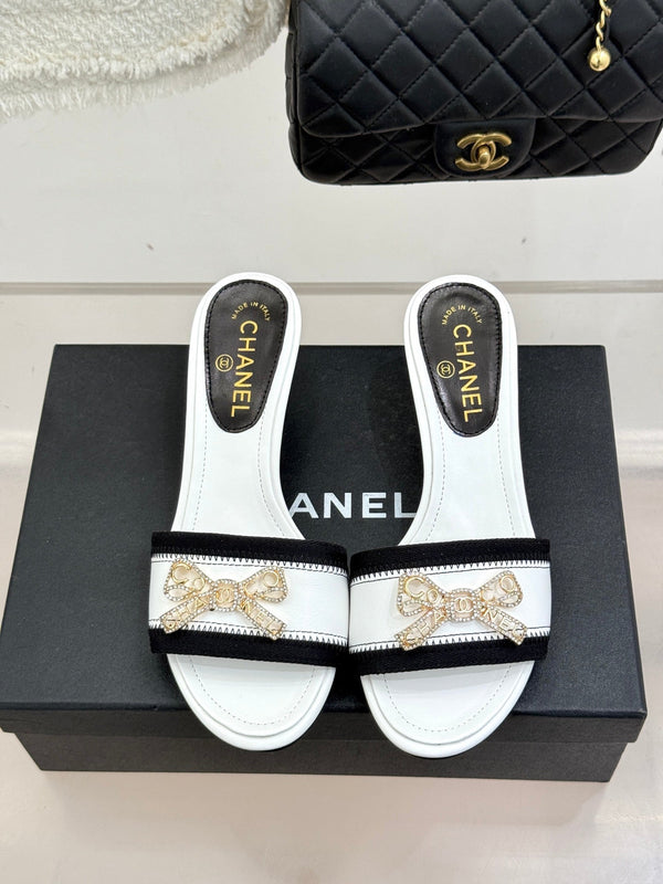 Chanel Classic Rhinestone Double C Bow Kitten Heel Slippers White in Sheepskin 615819
