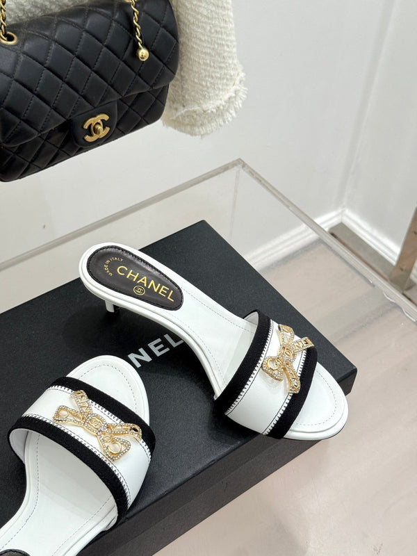 Chanel Classic Rhinestone Double C Bow Kitten Heel Slippers White in Sheepskin 615819