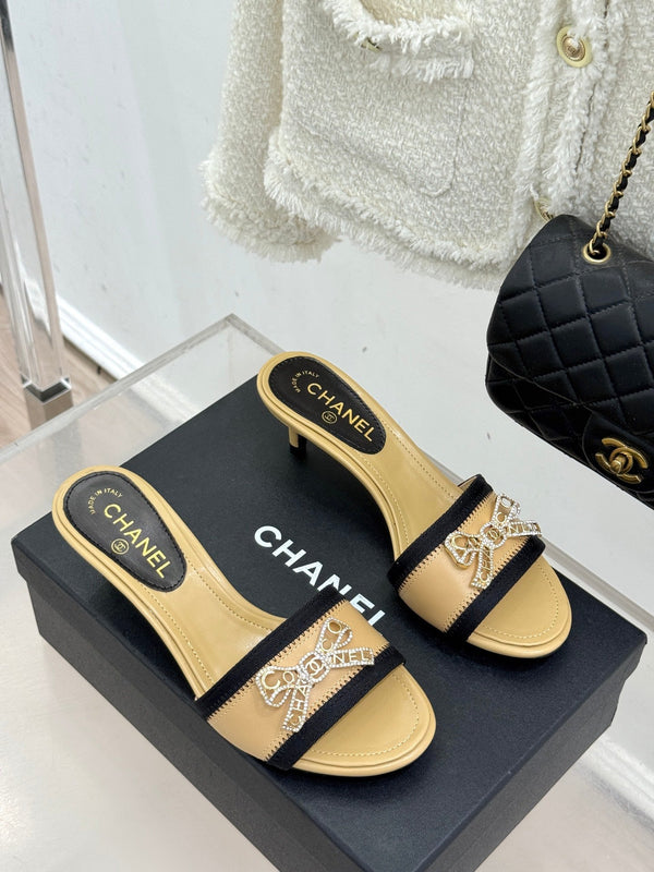 Chanel Classic Rhinestone Double C Bow Kitten Heel Slippers Beige in Sheepskin 615818