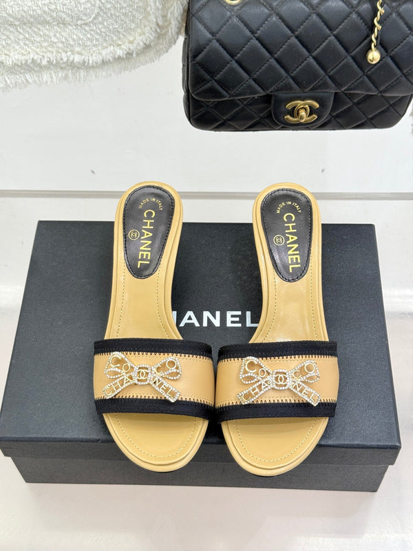 Chanel Classic Rhinestone Double C Bow Kitten Heel Slippers Beige in Sheepskin 615818