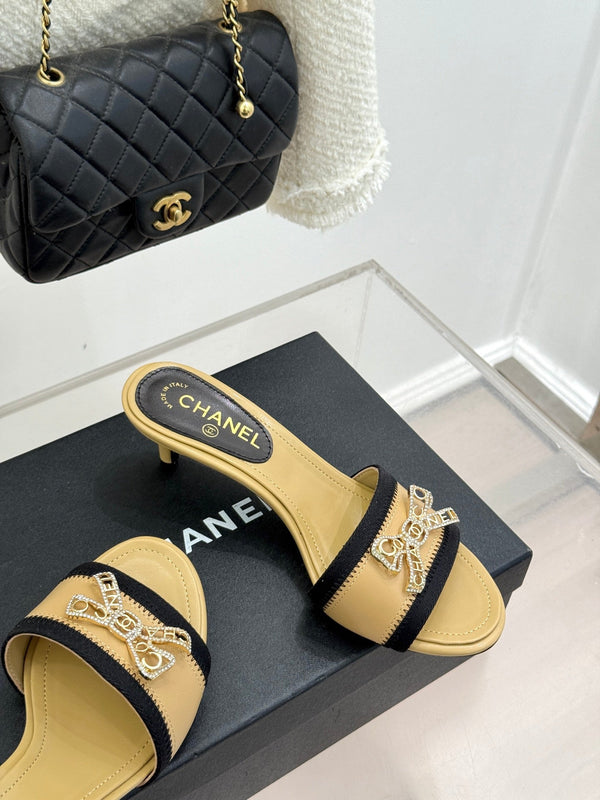 Chanel Classic Rhinestone Double C Bow Kitten Heel Slippers Beige in Sheepskin 615818
