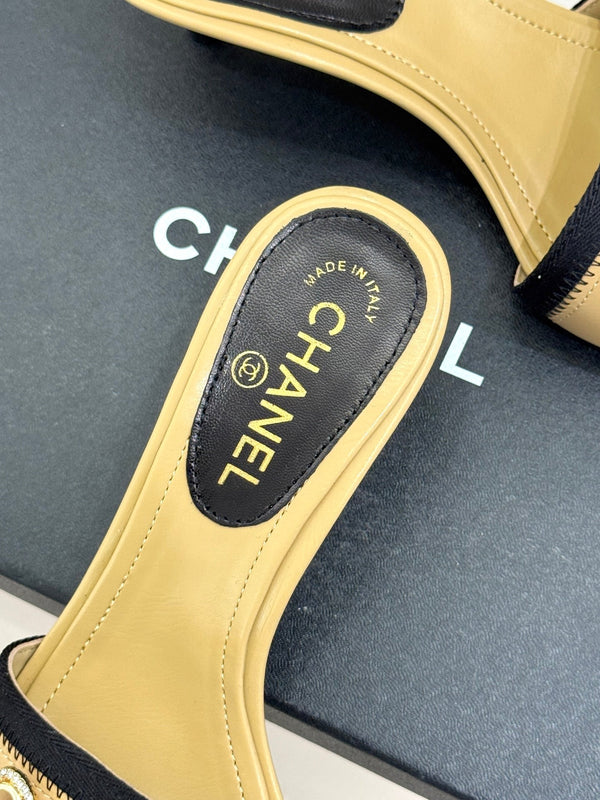 Chanel Classic Rhinestone Double C Bow Kitten Heel Slippers Beige in Sheepskin 615818